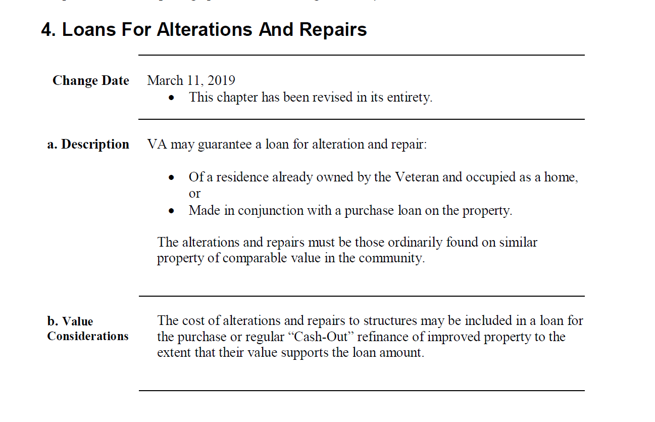 VA Renovation Loan Rules From The VA Handbook